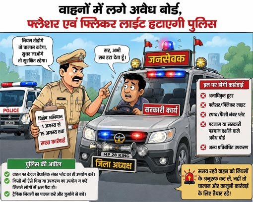 वाहनों में लगे अवैध बोर्ड, फ्लैशर एवं फ्लिकर लाइट हटाएगी पुलिस